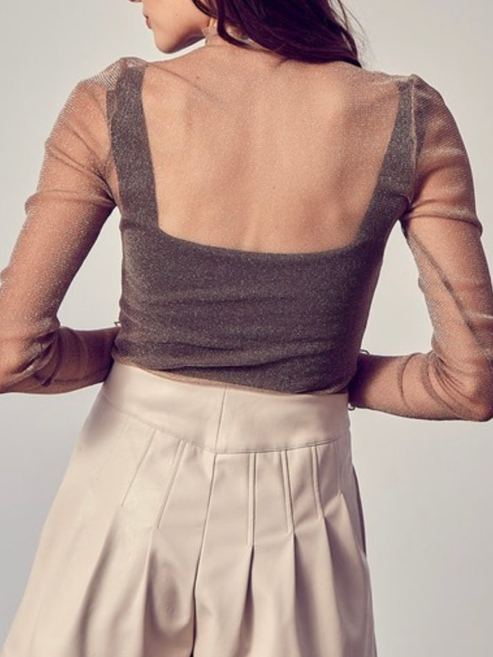 Mock Neck Glitter Mesh Top