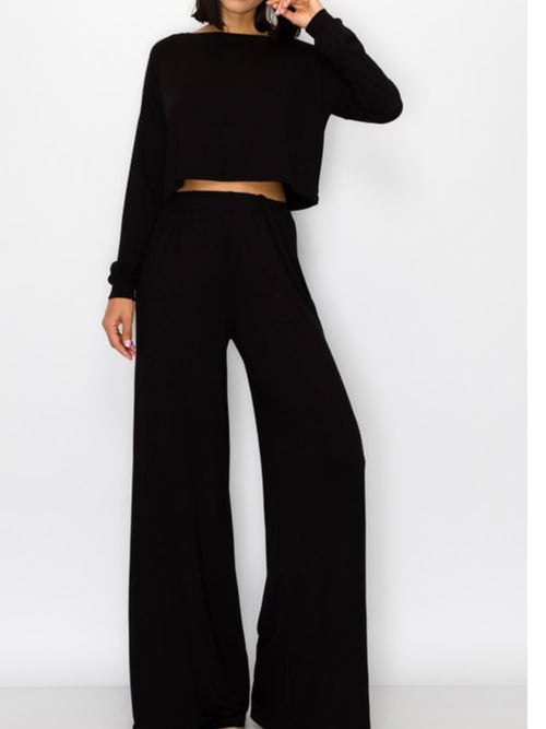 Black Long Sleeve Crop Top Pant Set