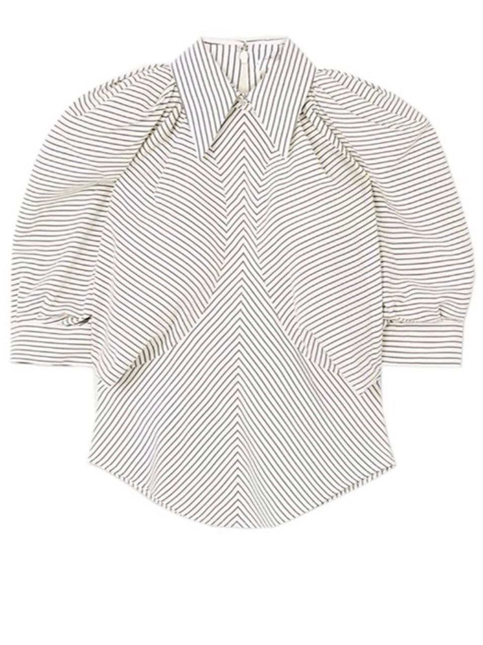Striped Bubble Sleeve Button Down Blouse