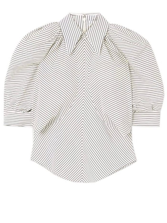 Striped Bubble Sleeve Button Down Blouse