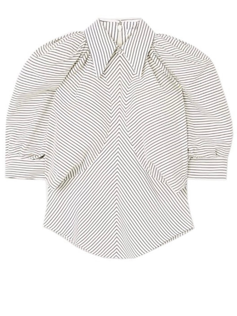 Striped Bubble Sleeve Button Down Blouse