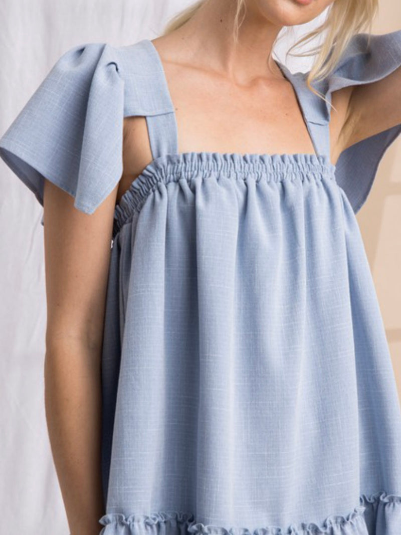 Blue Textured Flutter Sleeve Short Dress