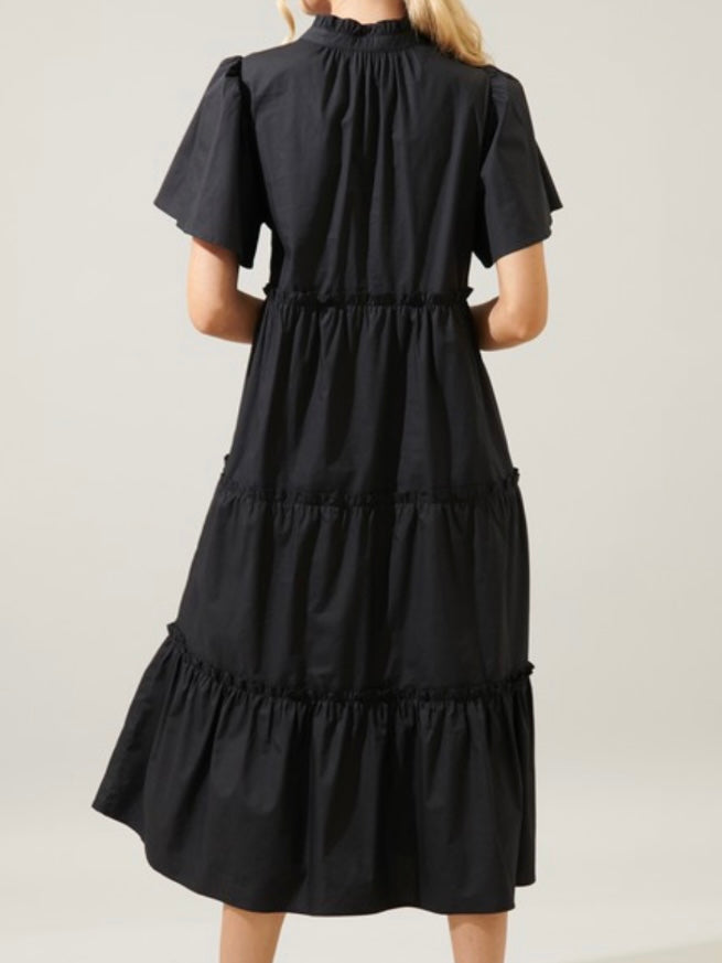 Black Balloon Sleeve Tiered Midi Dress