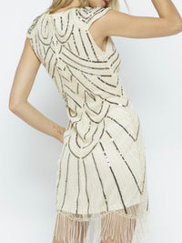 Cream Sequin Bodycon Dress with Fringe