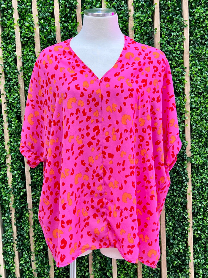 Pink Leopard V Neck Top