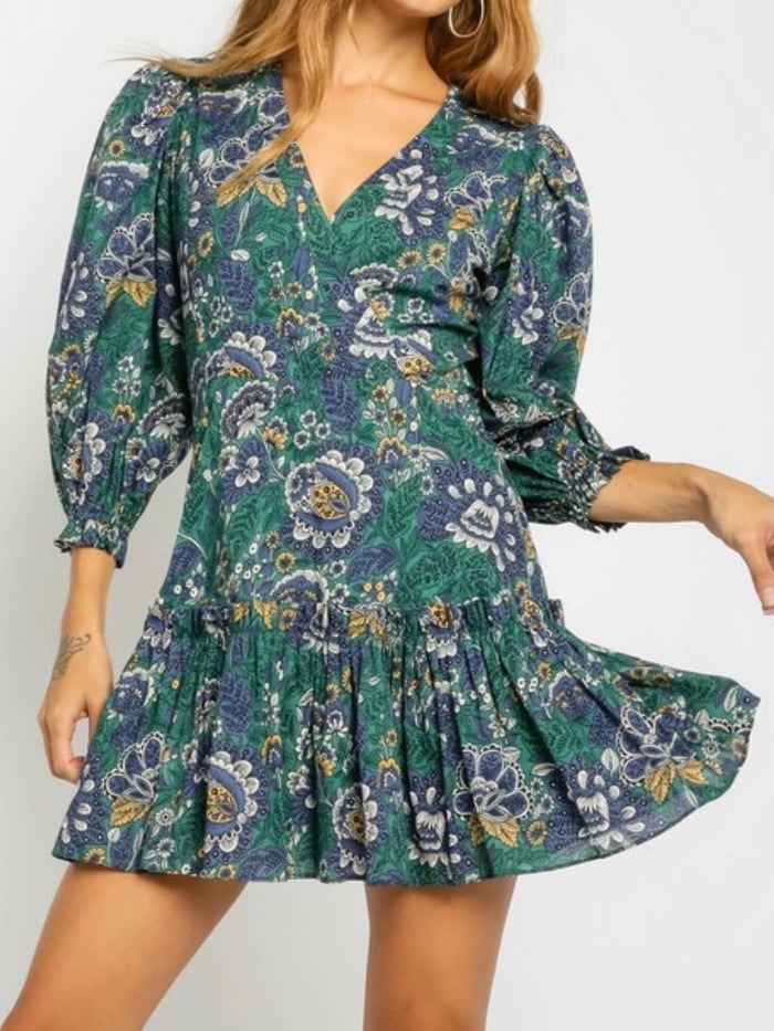 Green Floral Puff Sleeve V Neck Dress