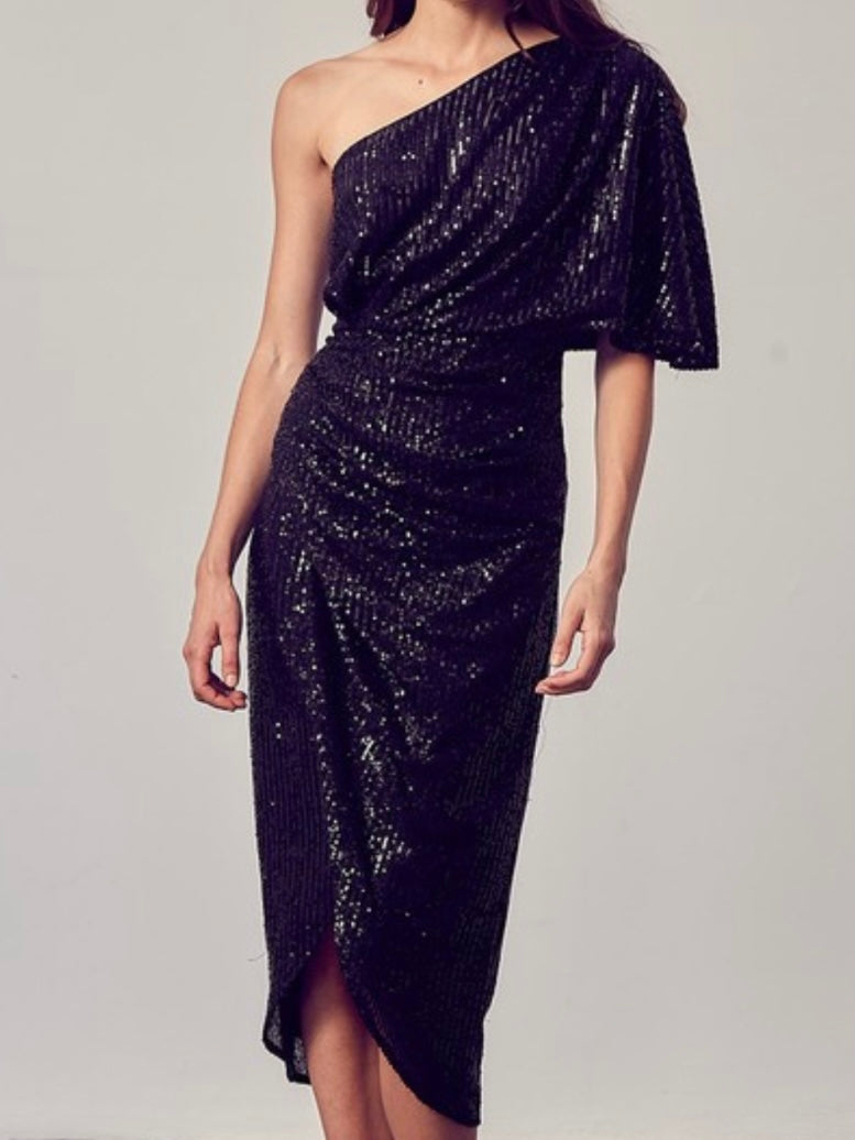 Sequin One Shoulder Midi Dress