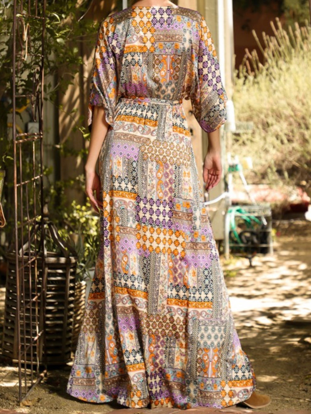 Nude Peach Print Kimono Sleeve Maxi Dress