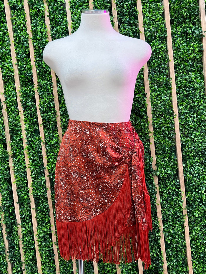 Rust Paisley Frige Trim Wrap Skirt