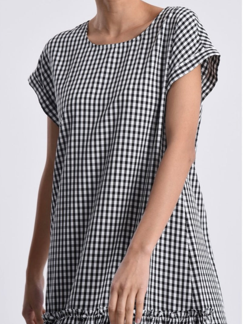 Black Gingham Cap Sleeve Midi Dress