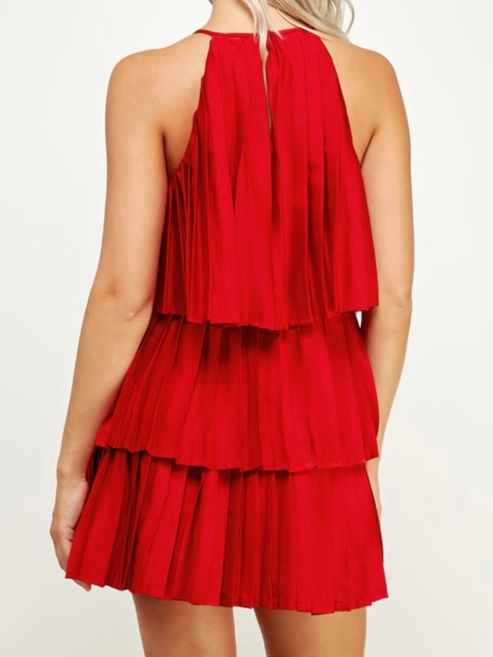 Red Pleated Tiered Short Dress