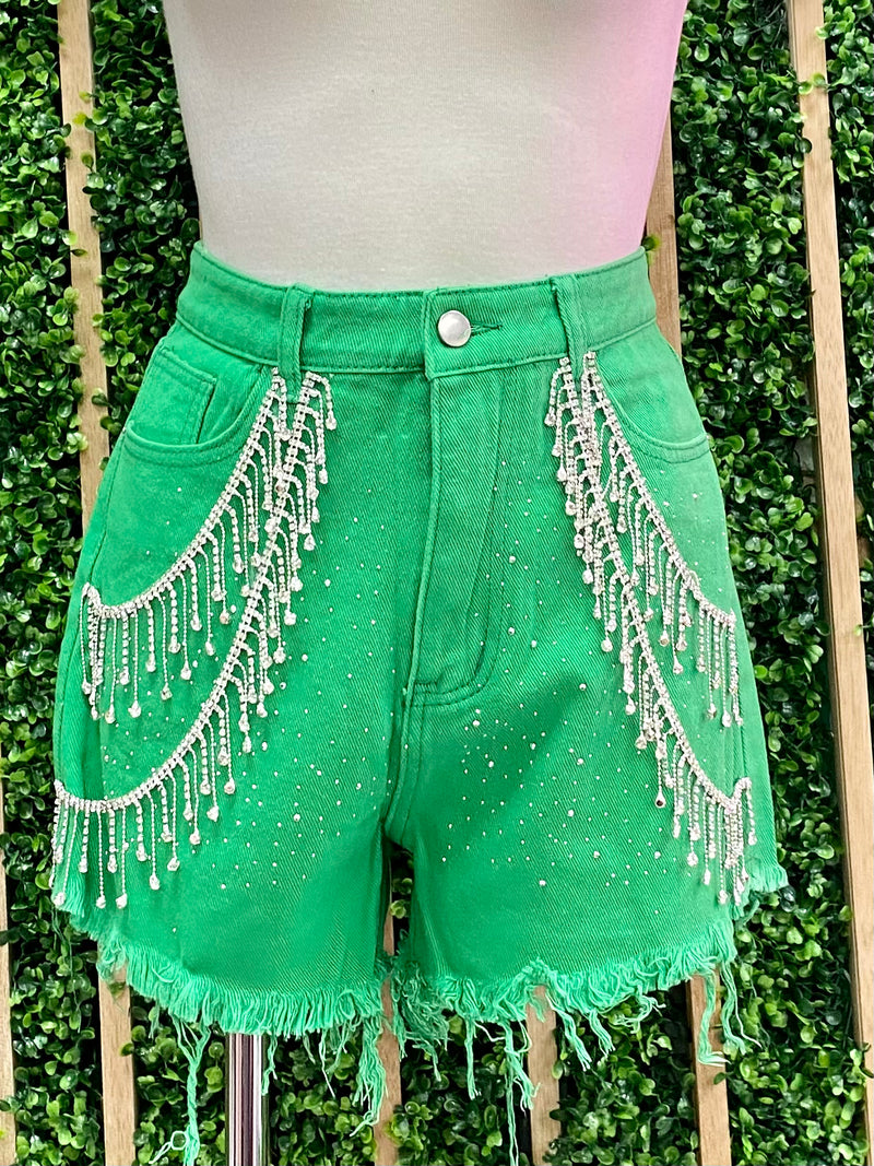 Kelly Green Rhinestone Drape Denim Short