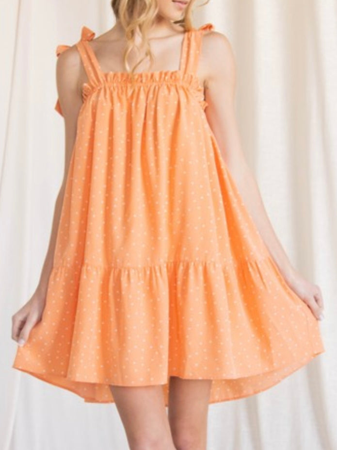 Tangerine Dots Shoulder Tie Short Dress