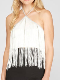 Rhinestone Detail Halter Fringe Top