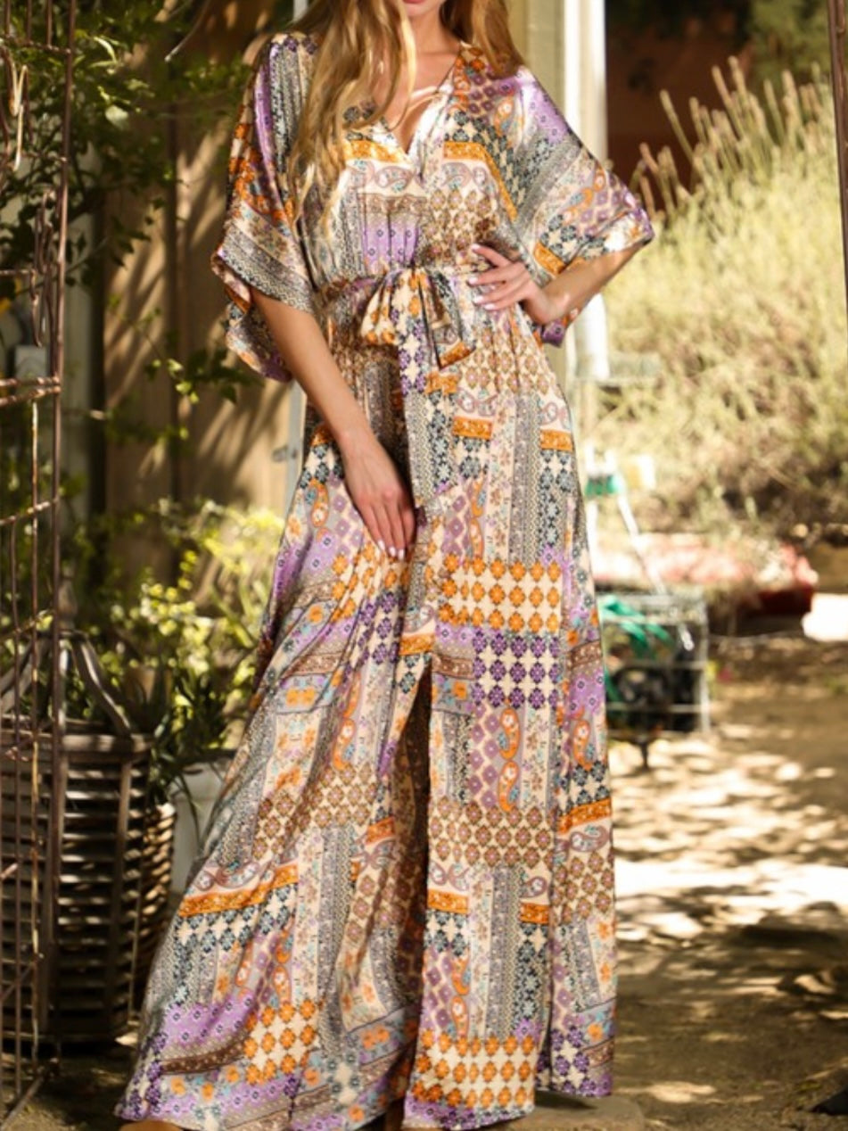 Nude Peach Print Kimono Sleeve Maxi Dress