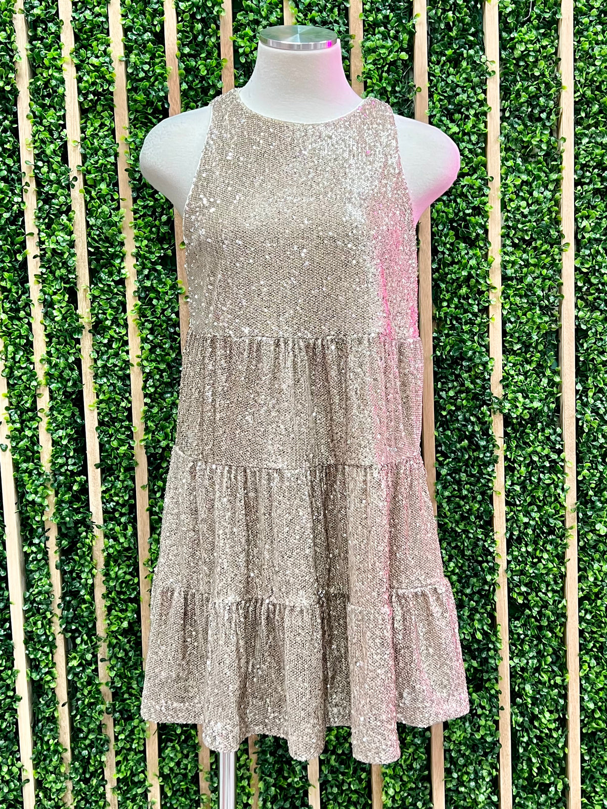 Sand Sequin Tiered Short Dress