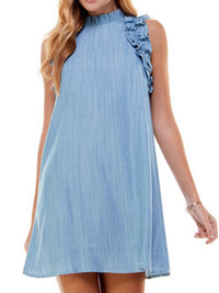 Denim Ruffled Neckline Short Dress