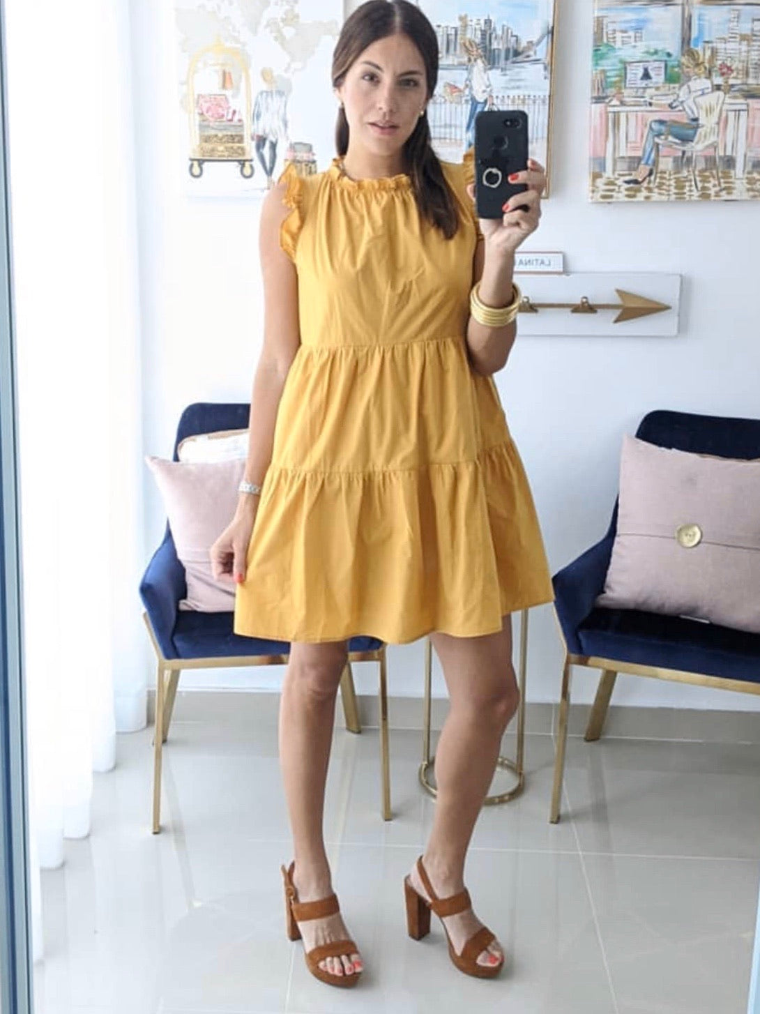 Mustard Tiered Ruffle Neck Shift Dress