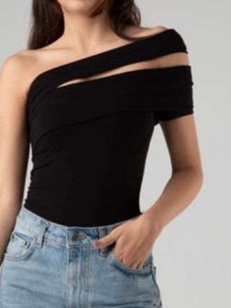 Black Delicate Asymmetric Shoulder Bodysuit