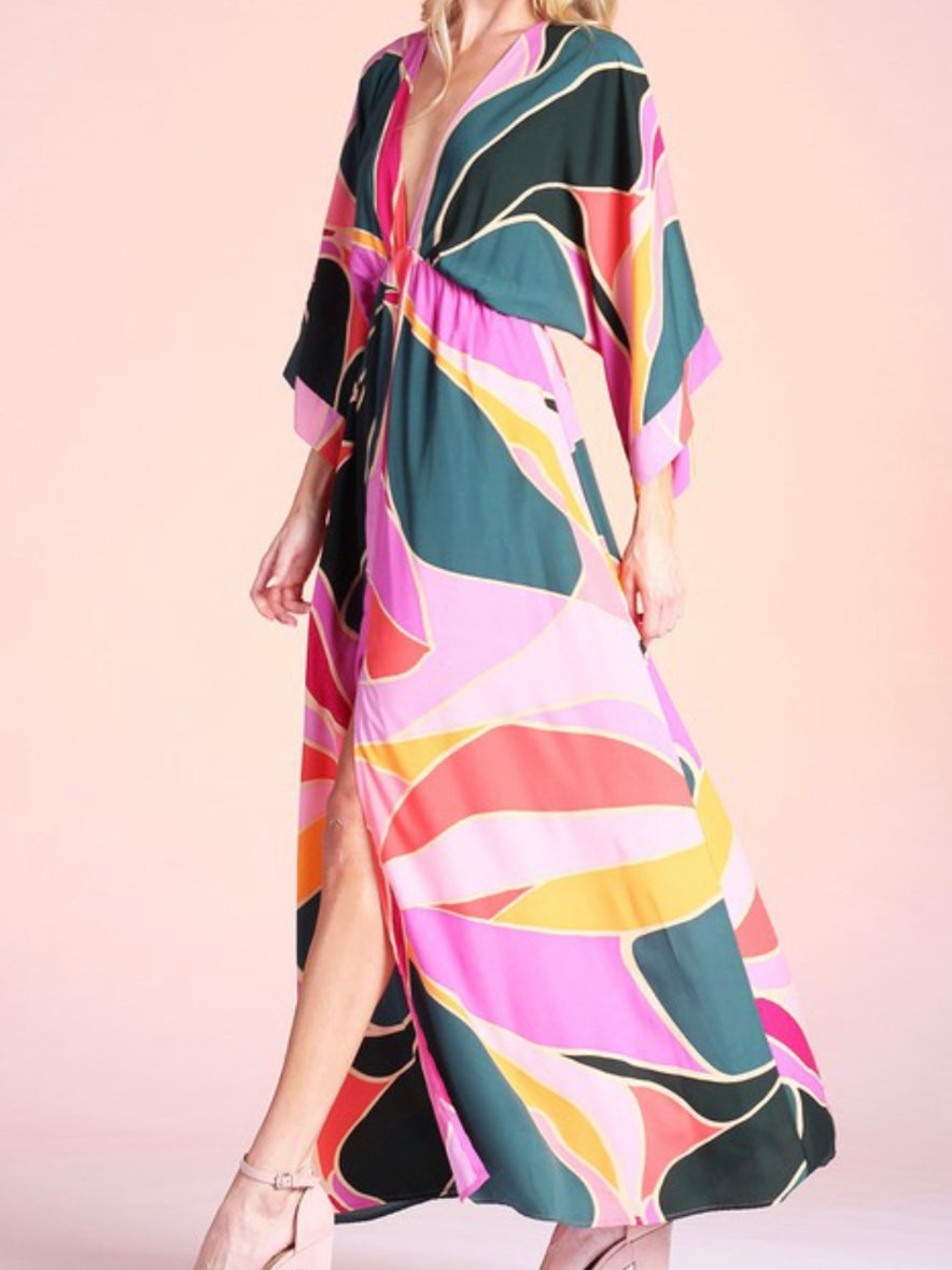 Pink Metamorphosis Print Kimono Maxi