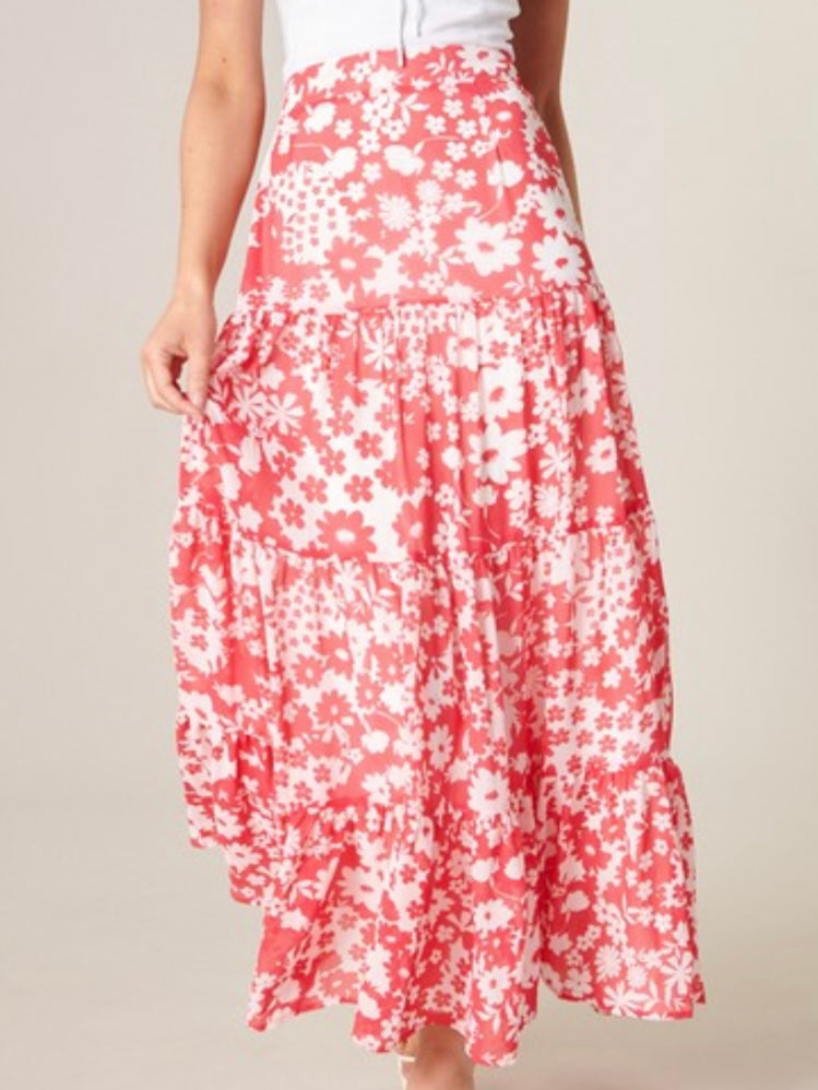 Delicate Red Floral Maxi Skirt