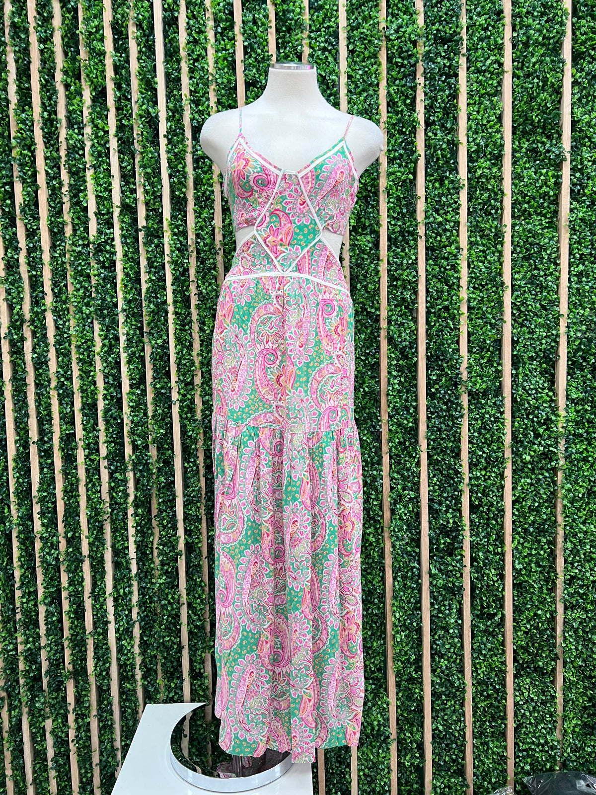 Green Pink Piping Detail Cutout Maxi Dress