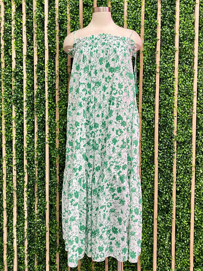 Green Print Shoulder Strap Tiered Maxi