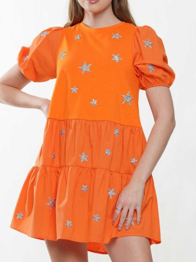 Orange Silver Star Tiered Short Dress