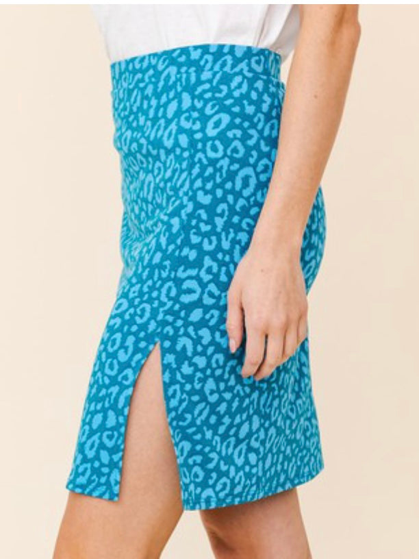 Teal Leopard Slit Skirt