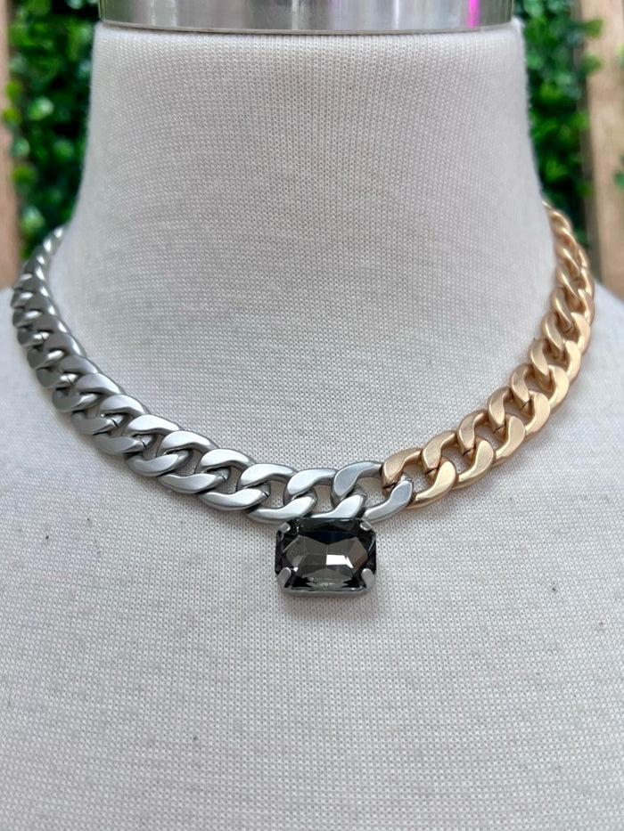 Silver Gold Chain Black Stone Short Necklace