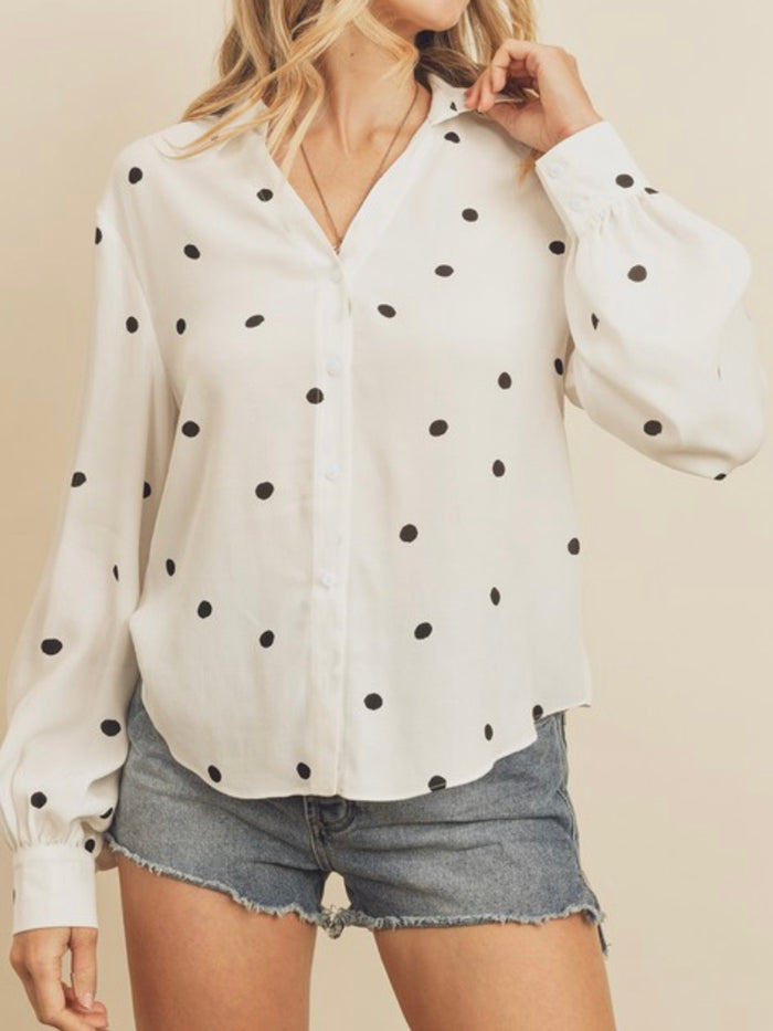 Polka Dot Puff Sleeve Button Down Shirt