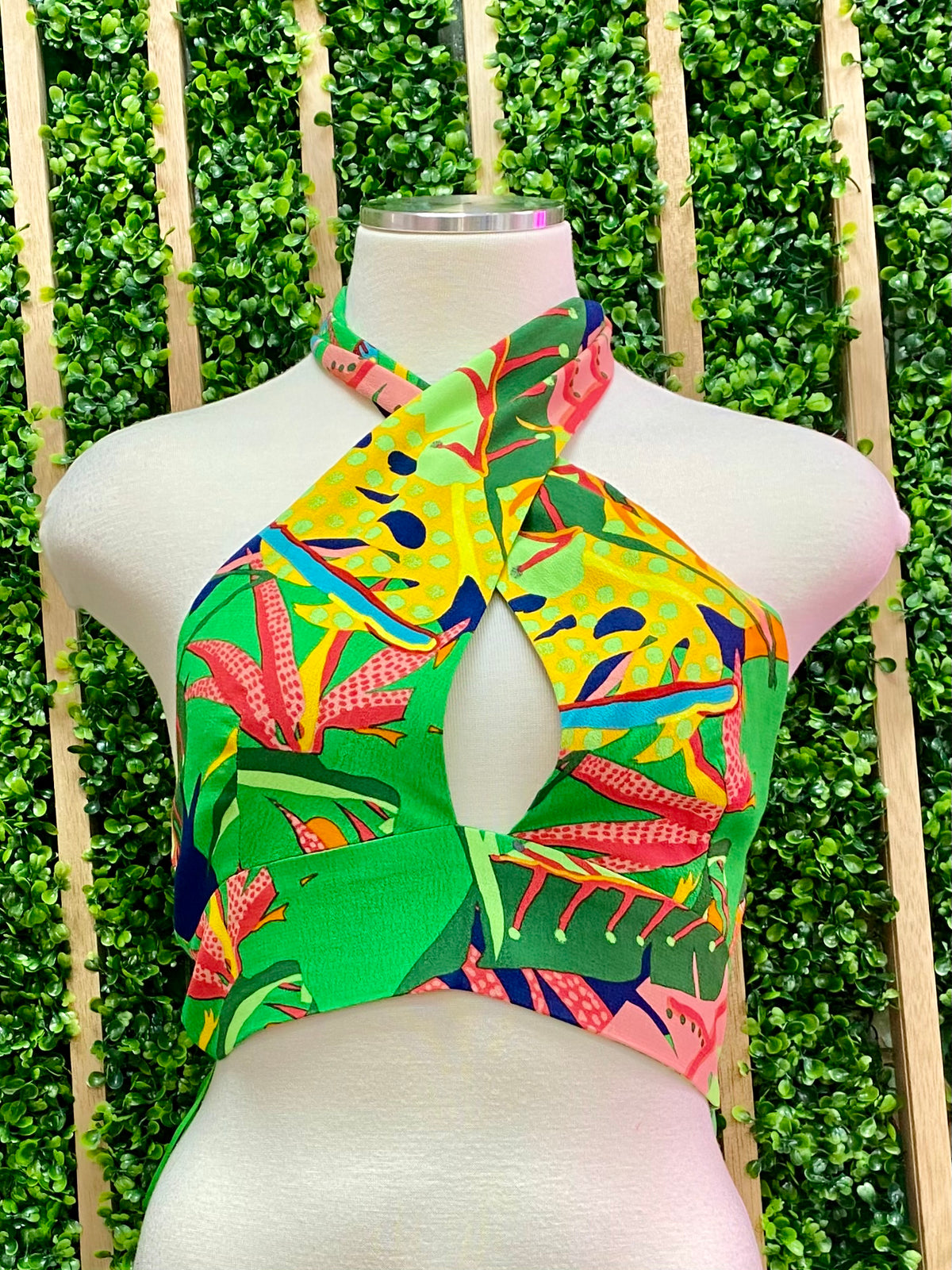 Green Tropical Crossed Neck Crop Top