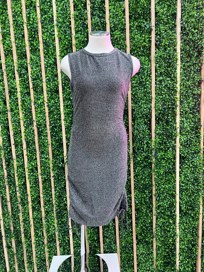 Silver Shirred Sleeveless Dress