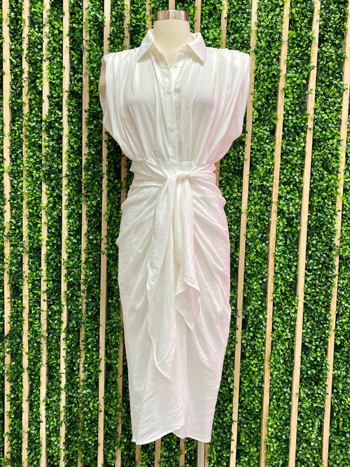 Elegant White Sleeveles Button Down Midi Dress