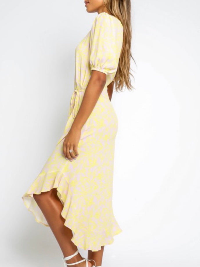 Yellow Abstract Flower Midi Dress