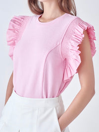 Pink Mixed Media Flutter Sleeve Top