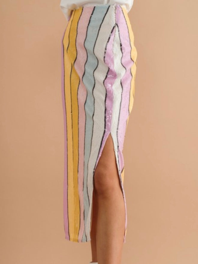 Sequin Striped Midi Skirt
