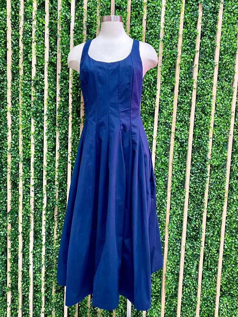 Delicate Navy Cross Back Midi Dress