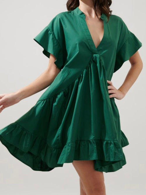 Emerald V Neck Tiered Short Dress