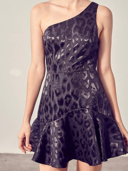 Black Leopard One Shoulder Dress