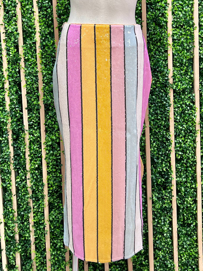 Sequin Striped Midi Skirt