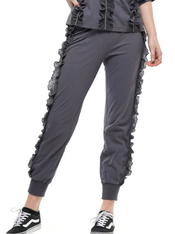 Dark Grey Ruffle Trim Jogger