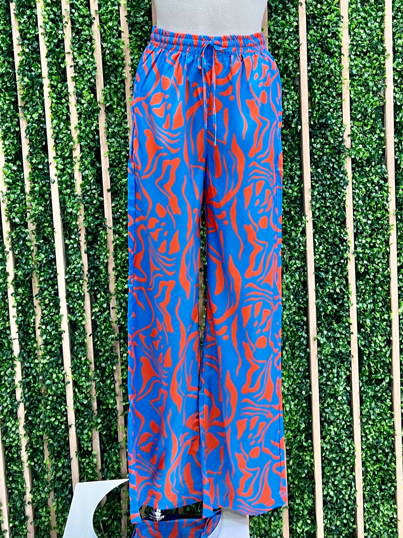 Blue Red Print Wide Leg Pant