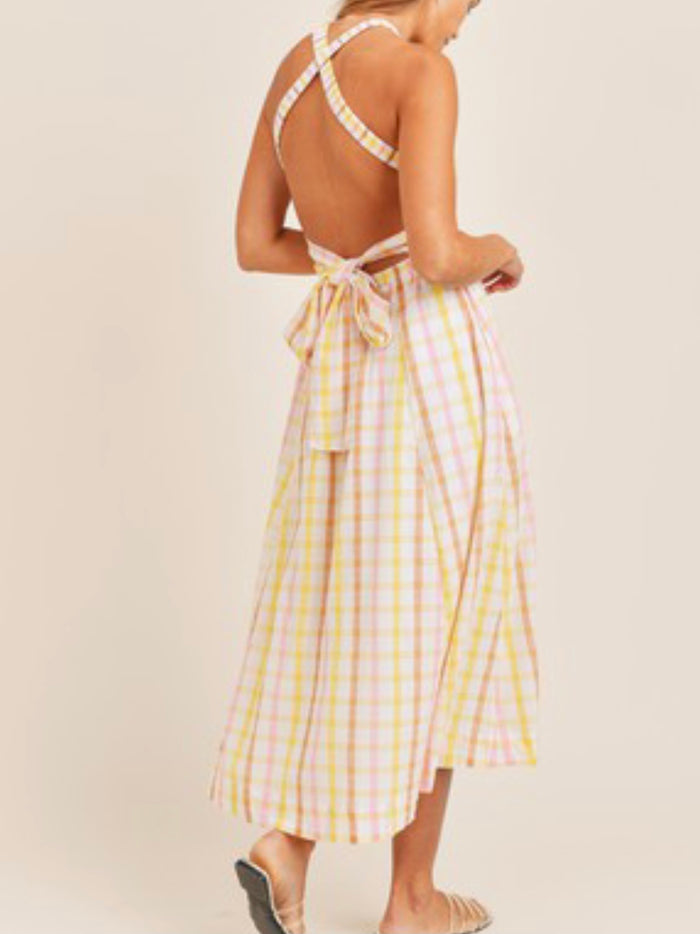 Yellow Pink Plaid Midi Dress