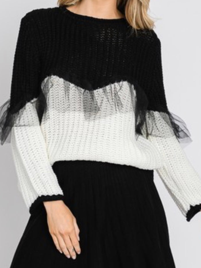 Tulle Detail White Block Sweater