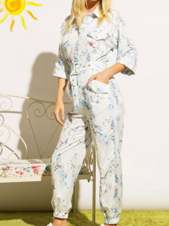 Blue Floral Button Down Collar Jumpsuit