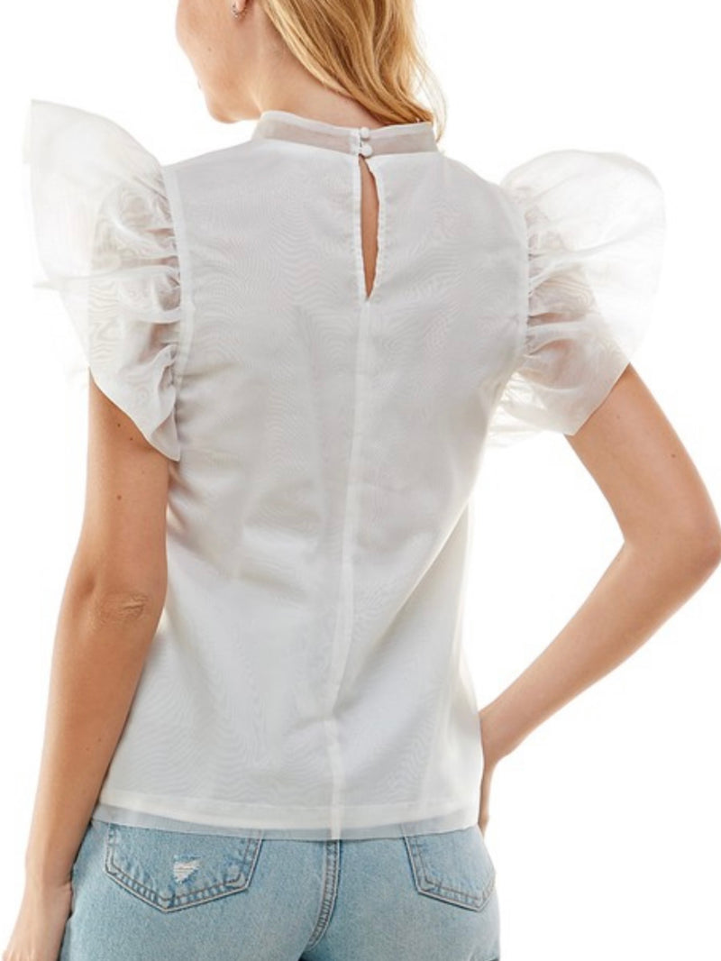 White Organza DetailMock Neck Top