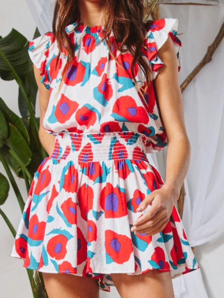 Red Floral Ruffled Blouse