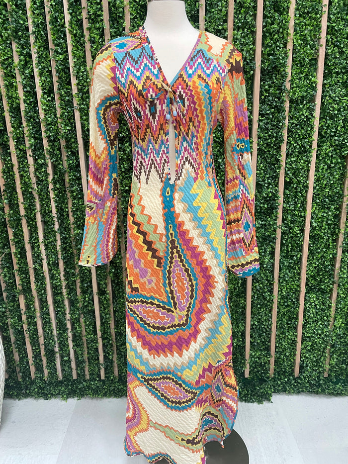 Multicolor Chevron V Neck Midi Dress