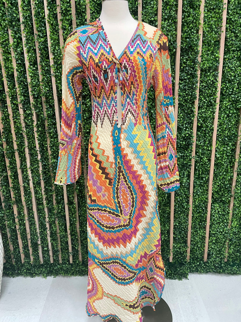 Multicolor Chevron V Neck Midi Dress